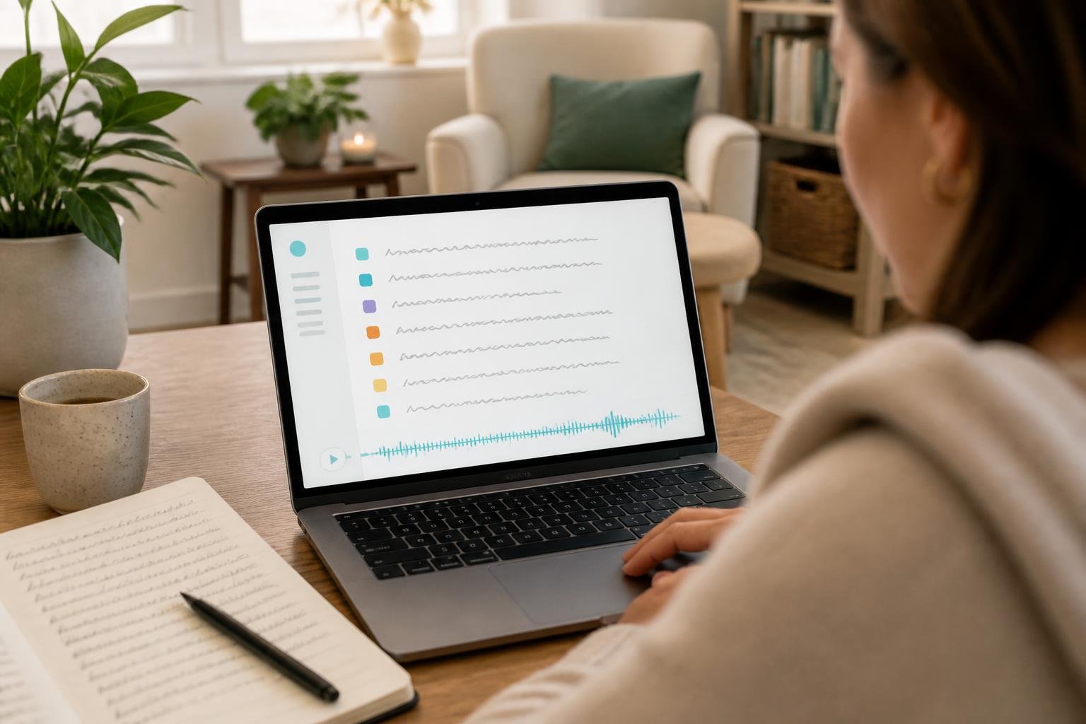 Therapeut prüft auf Laptop automatisch transkribierte Sitzung mit sprechergetrennten Zeilen und schematischen Wellenformen.