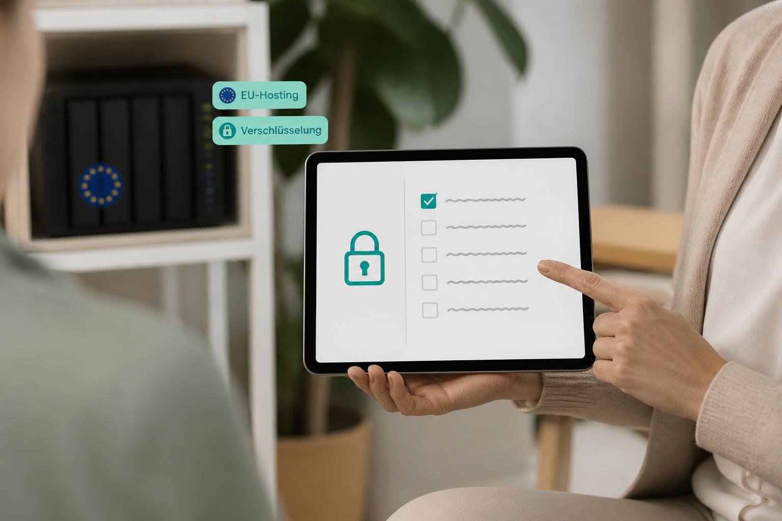 Tablet mit schematischer Datenschutzzcheckliste und Schloss‑Icon, Server im Hintergrund; Badges 'EU-Hosting' und 'Verschlüsselung' sichtbar.
